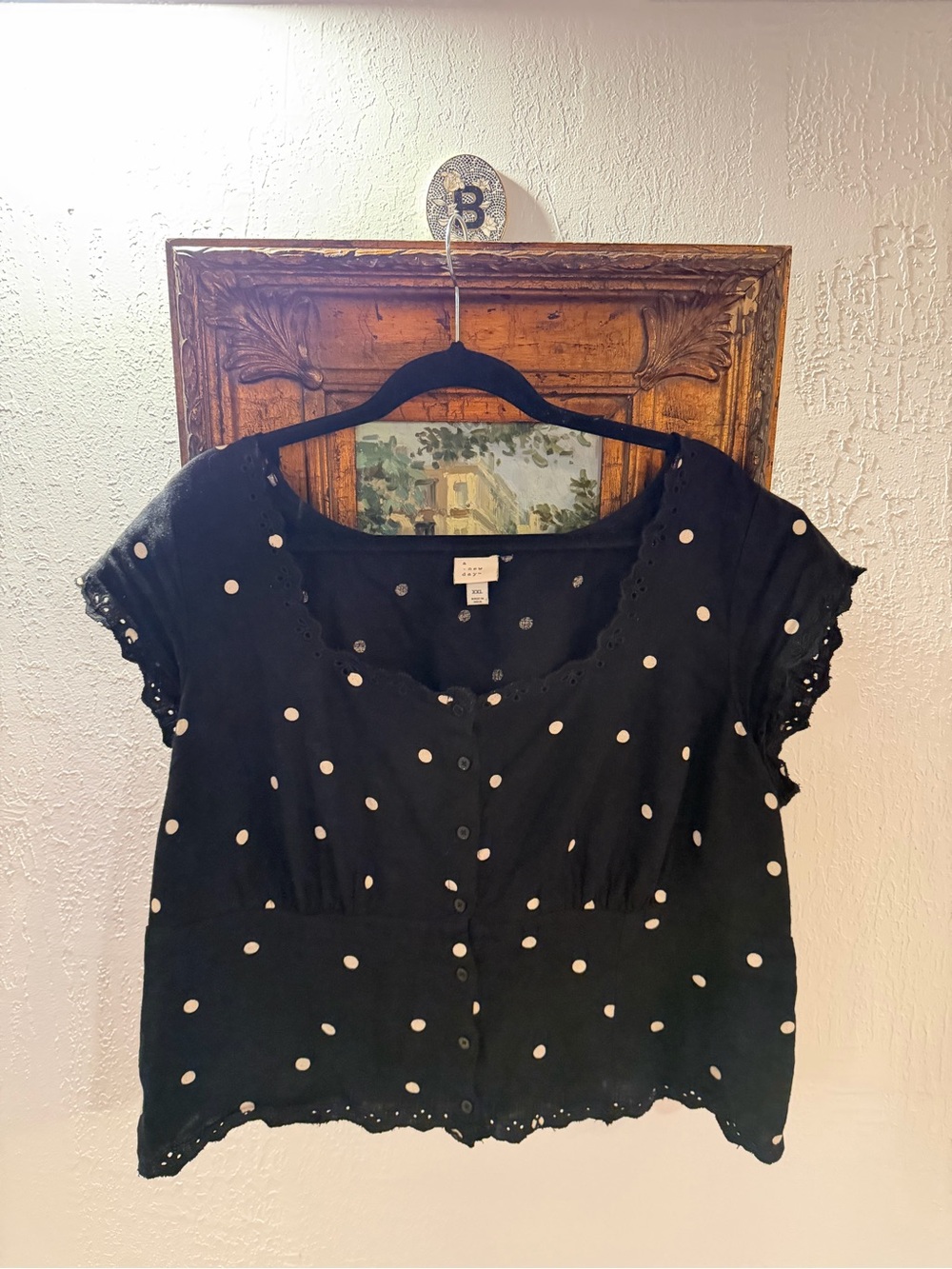 a new day Black Blouse with White Polka Dots